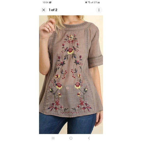 Umgee Tops - Umgee floral embroidered boho blouse S mocha brown lace trim peasant hippie